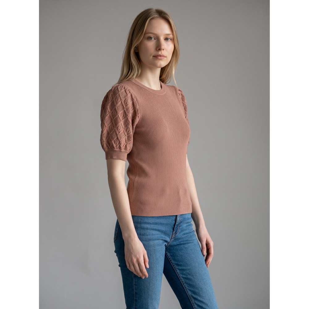 Elie Elie Tahari Terracotta Ribbed Puff Sleeve Pointelle Knit Sweater Top Large